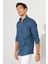 Erkek Koyu Petrol Slim Fit Düğmeli Yaka Keten Görünümlü %100 Pamuk Flamlı Gömlek 2
