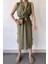 Kadın Haki Kalın Askılı, Kruvaze Yaka, Düz Desen, Aerobin Yırtmaçlı, Kemerli Midi Elbise 2