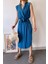 Kadın Indigo Kalın Askılı, Kruvaze Yaka, Düz Desen, Aerobin Yırtmaçlı, Kemerli Midi Elbise 3