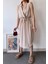 Kadın Bej Kalın Askılı, Kruvaze Yaka, Düz Desen, Aerobin Yırtmaçlı, Kemerli Midi Elbise 4