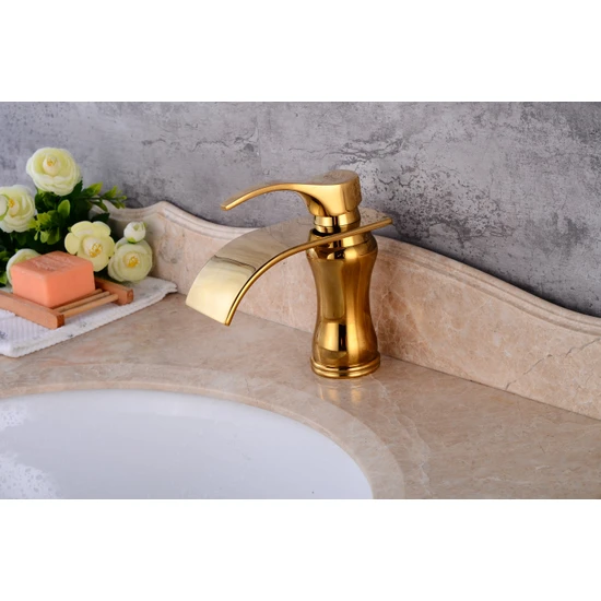 Anunnaki Gold Altın Dore Şelale Modern Tezgah Üstü Banyo Lavabo Bataryası