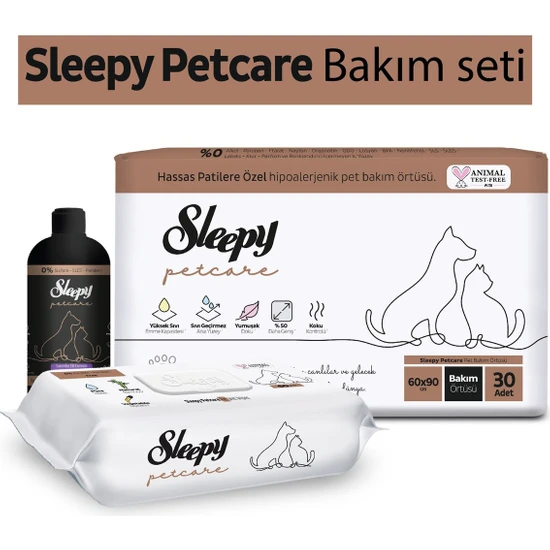 Sleepy Petcare Bakım Seti ( 30'lu Pet Bakım Örtüsü + 60 Yaprak Islak Havlu + 500 ml Şampuan )