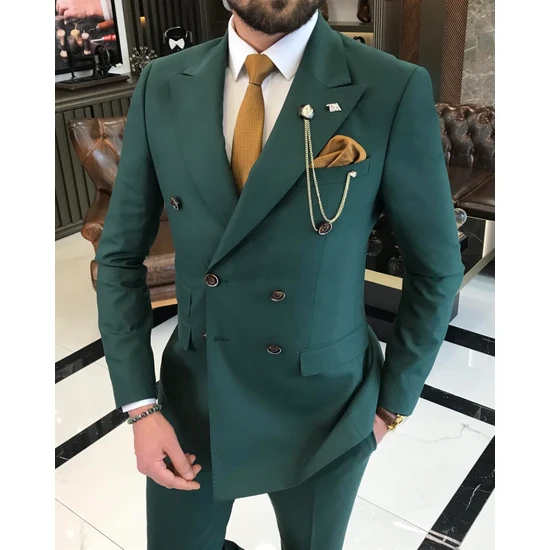Terzi Adem Italyan Stil Kruvaze Ceket Pantolon Takım Elbise Yeşil T9111