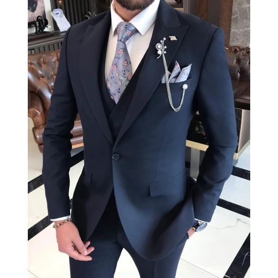 Terzi Adem Italyan Stil Slim Fit Erkek Ceket Yelek Pantolon Takım Elbise Lacivert T9532