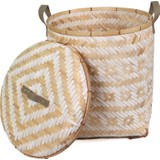 Kanca Ev El Yapımı Bambu Beyaz Örgü Desenli Deri Saplı Sert Hasırdan Kapaklı Çamaşır Sepeti Küçük