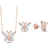 Bakalcik Gümüş 925 Ayar Rose Altın Kaplama Zirkon Taş İşlemeli Kelebek Set (Kolye-Küpe)