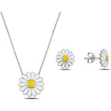 Bakalcik Gümüş 925 Ayar Rodyum Kaplama Mineli Papatya Set (Kolye-Küpe)