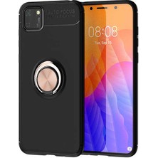 Tekno Grup Huawei Y5P Kılıf Ultra Korumalı Yüzüklü Manyetik Ravel Silikon Siyah Rose + Tam Kaplayan 5D Cam Ekran Koruyucu