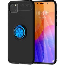 Tekno Grup Huawei Y5P Kılıf Ultra Korumalı Yüzüklü Manyetik Ravel Silikon Siyah Mavi + Tam Kaplayan 6D Nano Ekran Koruyucu