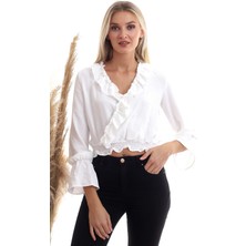 Cotton Mood 20333344 Ayrobin Kruvaze Fırfırlı Etek Gipeli Uzun Kol Bluz Ekru
