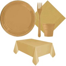 Partylandtr Gold Altın Renk 25 Kişilik Plastik Bardak Çatal Tabak Peçete Masa Örtüsü