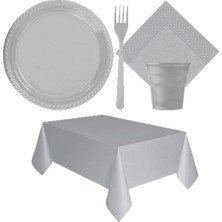 Partylandtr Gümüş Renk 25 Kişilik Plastik Tabak Bardak Çatal Peçete Masa Örtüsü