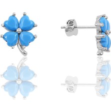 Söğütlü Si̇lver Gümüş Yonca Modeli Turkuaz Taşlı Küpe