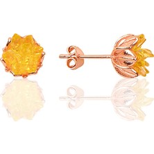 Söğütlü Si̇lver Gümüş Lotus Çiçeği Modeli Kehribar Renkli Zirkon Taşlı Küpe