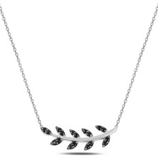 Söğütlü Silver Gümüş Rodyumlu Siyah Taşlı Yaprak Kolye