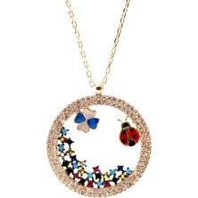 Osmanlı Gümüş Uğur Böceği Zirkon Taşlı Rose Kadın Gümüş Kolye