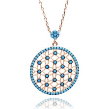 Osmanlı Gümüş Turkuaz Zirkon Taşlı Rose Yaşam Çiçeği Kadın Gümüş Kolye