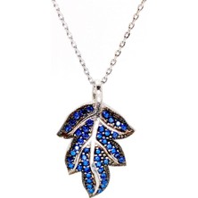 Osmanlı Gümüş Sonbahar Yaprağı Mavi Taşlı Kadın Gümüş Kolye