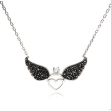 Osmanlı Gümüş Siyah Tektaşlı Kanatlı Kadın Gümüş Kolye