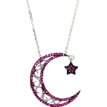 Osmanlı Gümüş Kırmızı Zirkon Taşlı Ayyıldız Kadın Gümüş Kolye