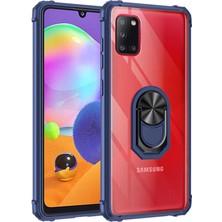 Tekno Grup Samsung Galaxy A31 Kılıf Ultra Korumalı Yüzüklü Standlı Mola Kapak + Tam Kaplayan 5D Cam Ekran Koruyucu Lacivert