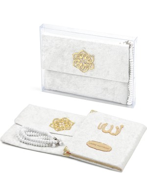 İhvan 20 Adet Kadifekumaş Kaplı Keseli ve Tesbihli Yasin Kitabı Seti - İsme Özel Plakalı - Beyaz