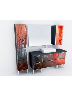 Artila Işıklı Kapaklı Kızıl Orman Seramik Çanak Lavabolu , Pvc Tezgahlı , 160 x 200 Aynalı Banyo Dolabı + 40 x 200 Boy Dolabı