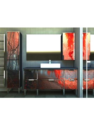 Artila Işıklı Kapaklı Kızıl Orman Seramik Çanak Lavabolu , Pvc Tezgahlı , 160 x 200 Aynalı Banyo Dolabı + 40 x 200 Boy Dolabı
