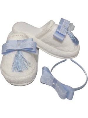 Azebu Püsküllü Lohusa Tacı  Terlik Seti Mavi