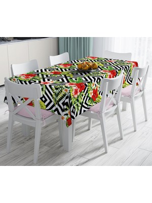RealHomes Geometrik Zeminde Çiçek Desenli Leke Tutmaz Masa Örtüsü 120 x 140 cm