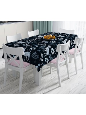 RealHomes Lacivert Zeminde Geyik ve Yaprak Motifleri Dijital Baskılı Masa Örtüsü 120 x 140 cm