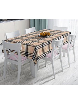 RealHomes Krem Zeminli Ekose Desenli Dekoratif Leke Tutmaz Masa Örtüsü 120 x 140 cm