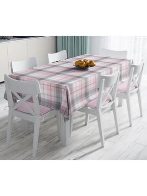 RealHomes Pembe Gri Ekose Desenli Dekoratif Leke Tutmaz Masa Örtüsü 120 x 140 cm