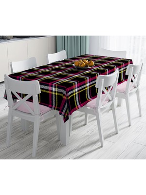 RealHomes Siyah Sarı Pembe Ekose Desenli Dijital Baskılı Dekoratif Leke Tutmaz Masa Örtüsü 120 x 140 cm