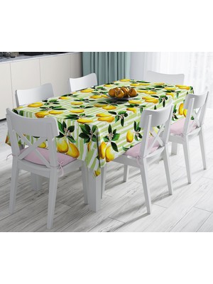 RealHomes Yeşil Zeminli 3 Boyutlu Limon Desenli Dijital Baskılı Leke Tutmaz Masa Örtüsü 120 x 140 cm