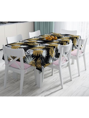 RealHomes Siyah Zeminde Palmiye Yaprakları Özel Tasarım Leke Tutmaz Masa Örtüsü 120 x 140 cm