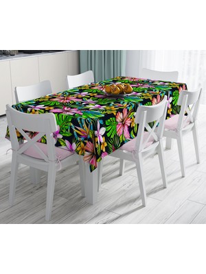 RealHomes Lacivert Zeminli Tropikal Desenli Dijital Baskılı Leke Tutmaz Masa Örtüsü 120 x 140 cm
