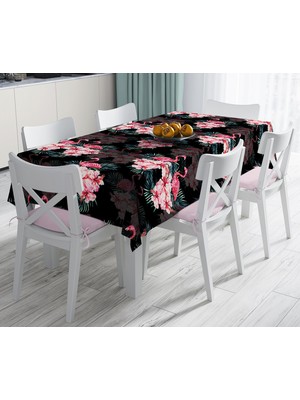 RealHomes Siyah Zeminde Lilyum ve Flamingo Özel Tasarım Leke Tutmaz Masa Örtüsü 120 x 140 cm