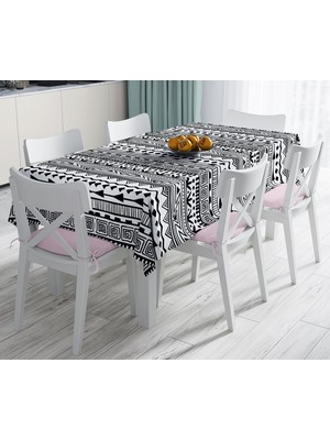 RealHomes Siyah Beyaz Dekoratif African Motifli Modern Leke Tutmaz Masa Örtüsü 120 x 140 cm