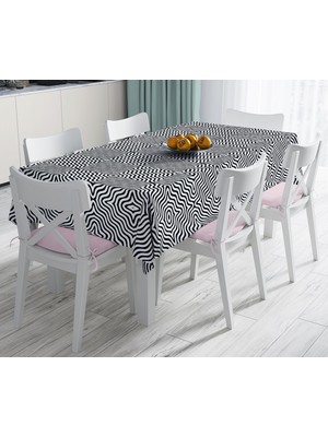 RealHomes Siyah Geometrik Çizgiler Özel Tasarımlı Dekoratif Leke Tutmaz Masa Örtüsü 120 x 140 cm