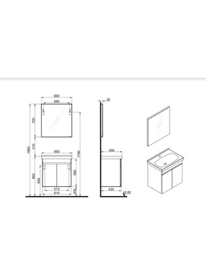 Kale Krea 65 cm Kapaklı Set Lavabo Dolabı + Ayna Beyaz