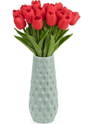 Çiçekmisin Çukur Desenli Yeşil Plastik Saksıda 20'li Yapay Islak Lale