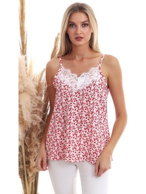 Cotton Mood 20333454 Kobe Desenli Yaka Dantelli Kolsuz Bluz Kırmızı Çiçek Desenli