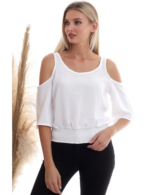 Cotton Mood 20333451 Ayrobin Omuzu Açık Beli Lastikli Kısa Kol Bluz Ekru