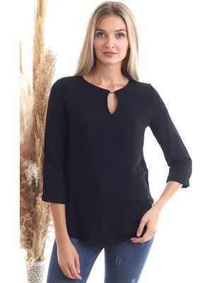 Cotton Mood 20343352 Dok.viskon Yaka Aksesuarlı Uzun Kol Bluz Siyah