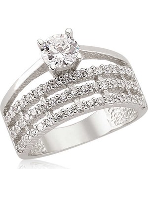 Gumush Gümüş Üç Sıra Tek Taş Bayan Yüzük