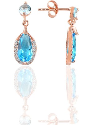 Söğütlü Si̇lver Gümüş Rose Akuamarin Taşlı Damla Modeli Küpe