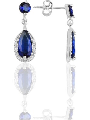 Söğütlü Si̇lver Gümüş Rodyumlu Safir Taşlı Damla Modeli Küpe