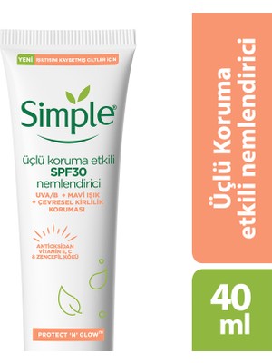 Simple Protect 'N' Glow Üçlü Koruma Etkili SPF30 Nemlendirici Işıltısını Kaybetmiş Ciltler İçin 40 ml