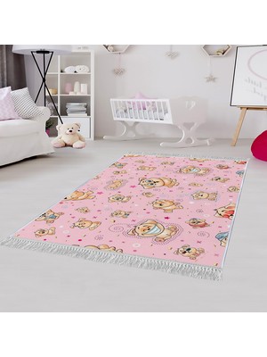 Homefesto Dekoratif Özel Tasarım Pamuklu Dokuma Taban Yumuşak Dokulu Antibakteriyel Çocuk Halısı Pembe 80 x 120 cm